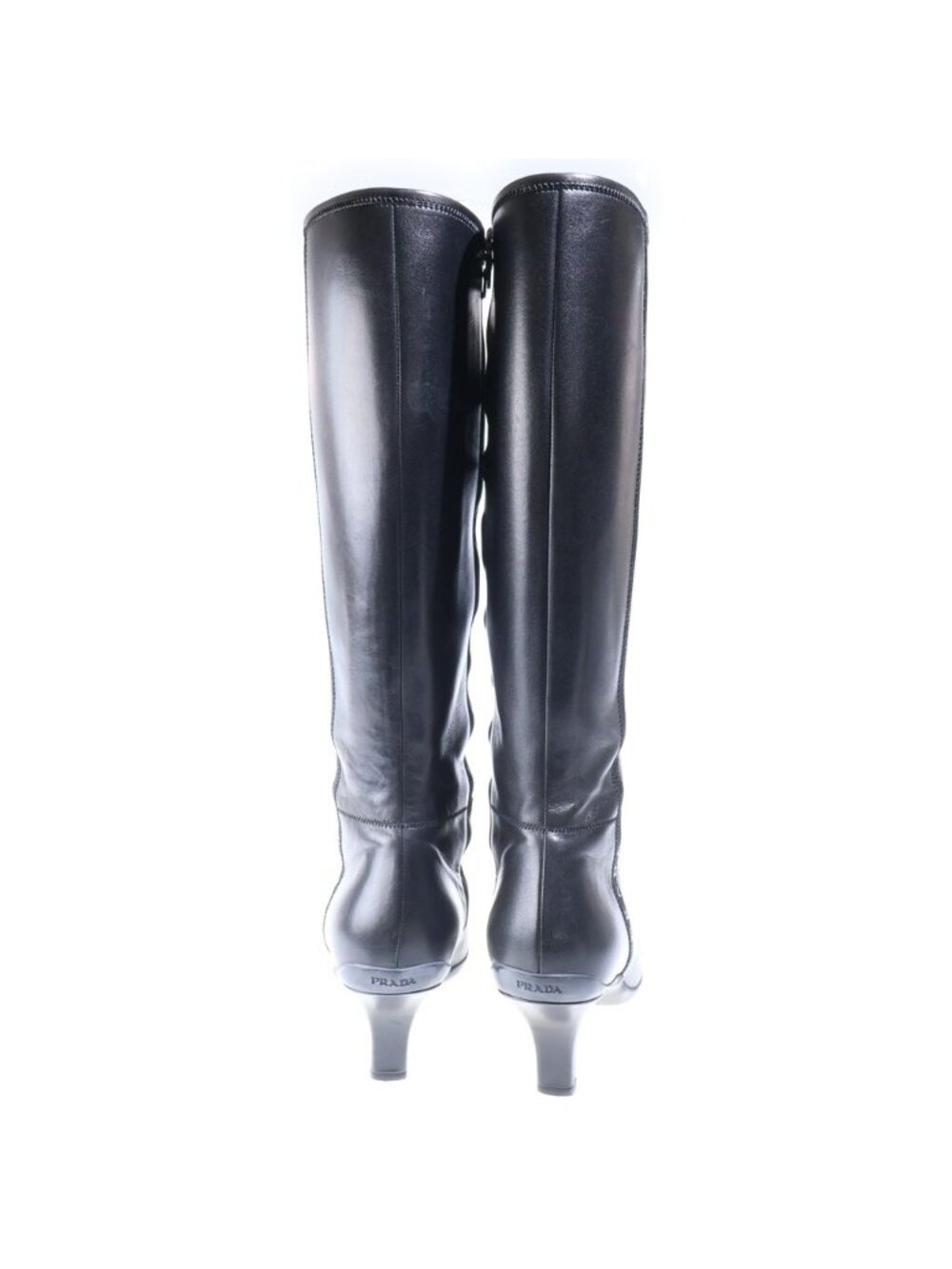 Prada Leather Logo Side Zip Heels Long Boots Shoes Black - Picture 3 of 7